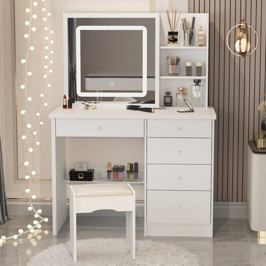 Ensemble de coiffeuse de maquillage de 39,4 po de large avec tabouret et miroir