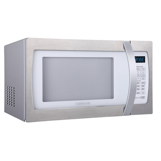 Four à micro-ondes Farberware Professional de 1,3 pi³ et 1 100 W avec cuisson par capteur intelligent, blanc et platine