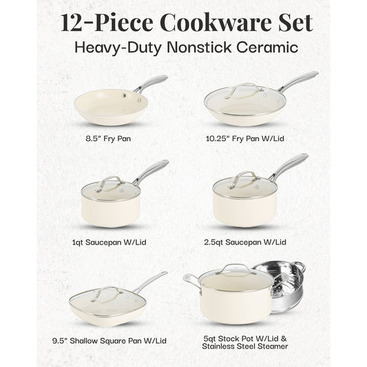 Batterie de cuisine Gotham Steel Cream 12 pièces, casseroles et poêles, en céramique ultra antiadhésive avec poignées isolantes