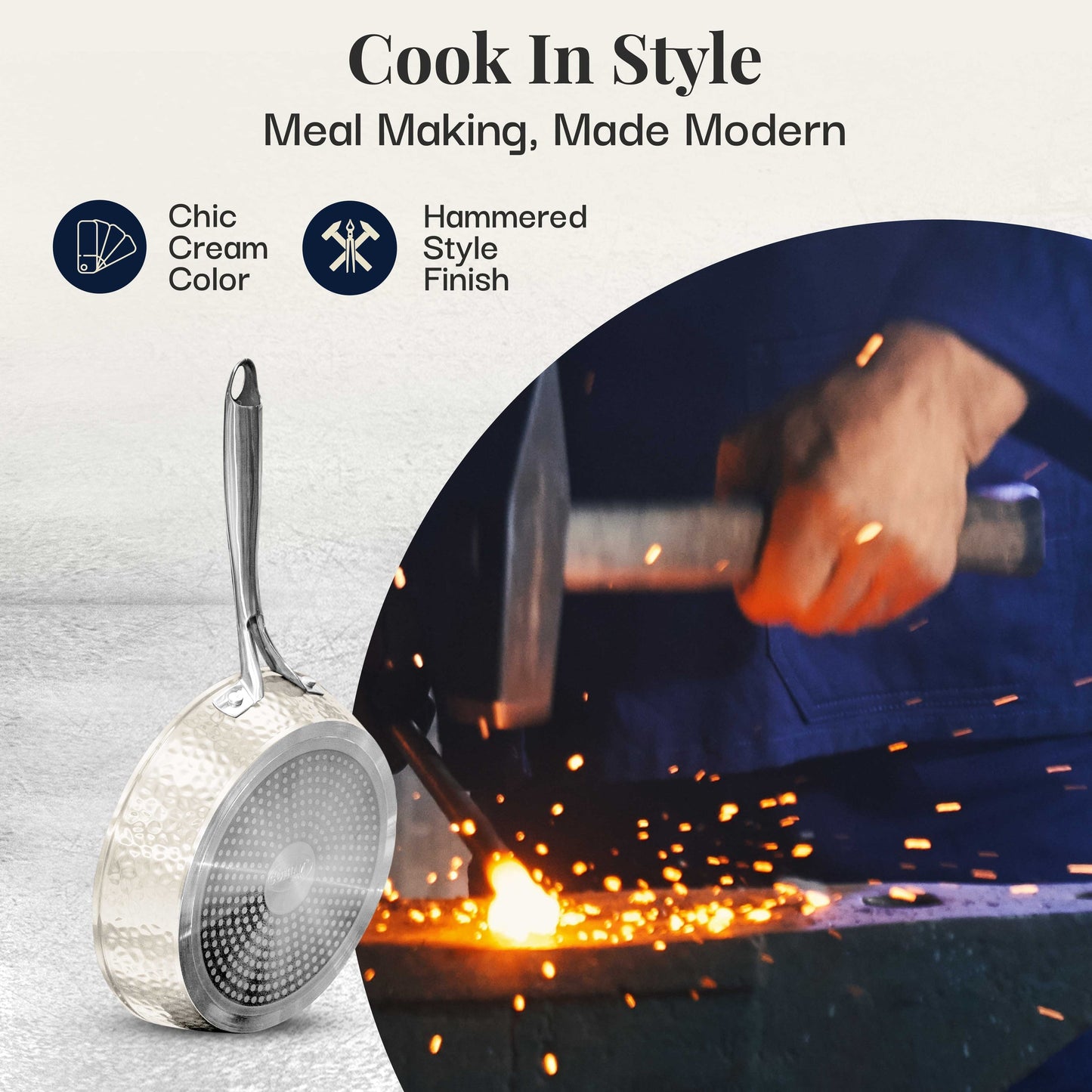 Batterie de cuisine antiadhésive en céramique ultra-résistante Gotham Steel Hammered Cream, 15 pièces, avec ustensiles