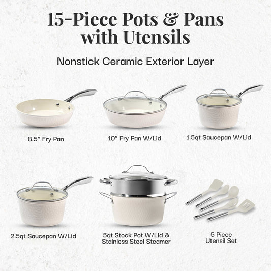 Batterie de cuisine antiadhésive en céramique ultra-résistante Gotham Steel Hammered Cream, 15 pièces, avec ustensiles