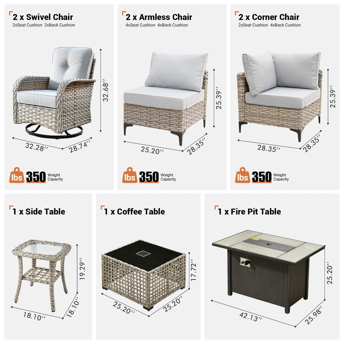 Ensemble de 9 chaises pivotantes d'extérieur en osier OVIOS avec table à feu