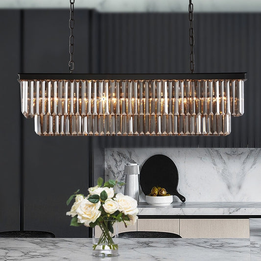 Lustre contemporain en cristal gris fumé et noir de 47 po, design linéaire à deux niveaux, luminaire suspendu pour îlot de cuisine et salle à manger.