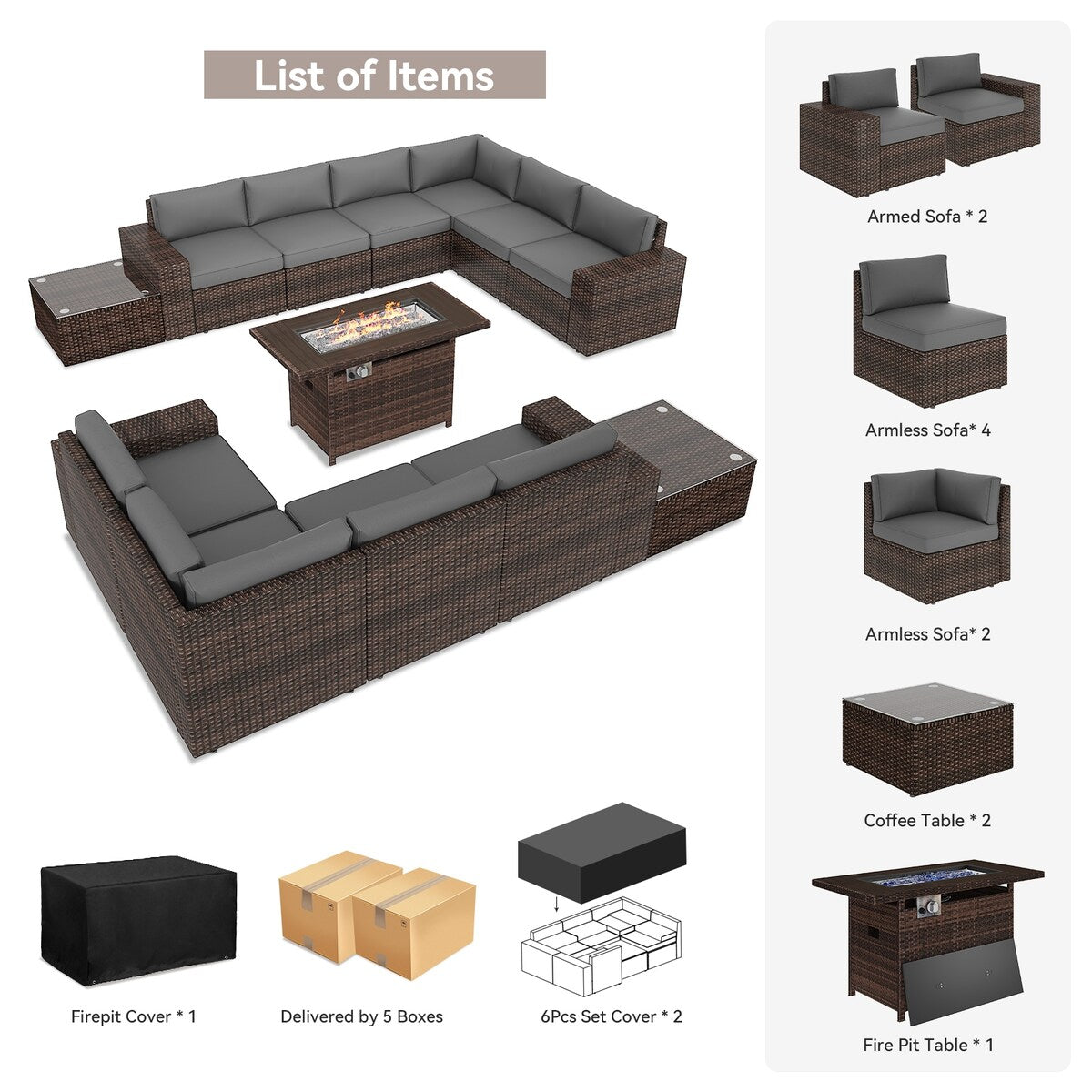 Ensemble de meubles de patio 13 pièces avec table de foyer 44