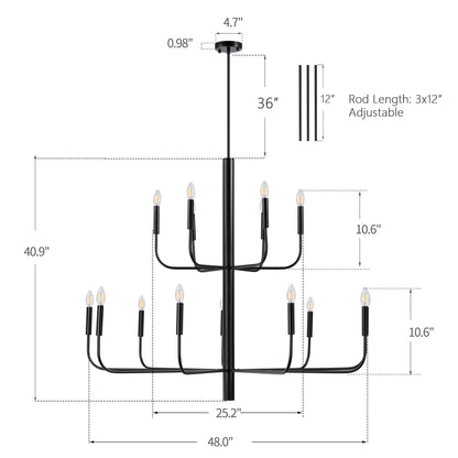 Lustre chandelier minimaliste à 15 lumières, 2 niveaux, design ancien - 48