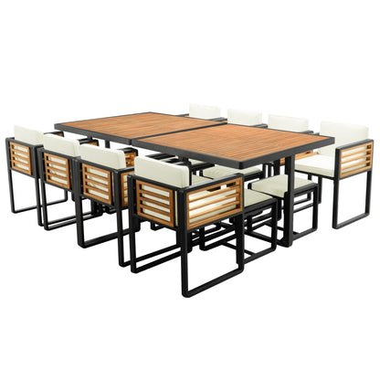 Ensemble de salle à manger de patio en bois d'acacia 18 pièces, 8 chaises rembourrées, 8 poufs et 2 tables carrées