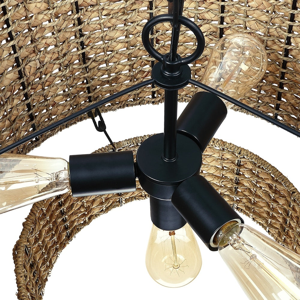 Suspension tambour traditionnelle en rotin naturel à 4 lumières avec auvent noir - Noir/terre - 50,8 cm de largeur