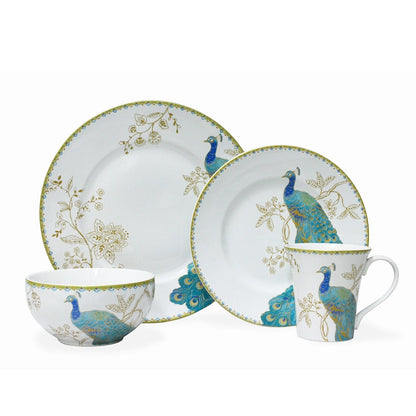Service de table 16 pièces en porcelaine 222 Fifth Peacock Garden avec assiettes rondes, bols et tasses, blanc