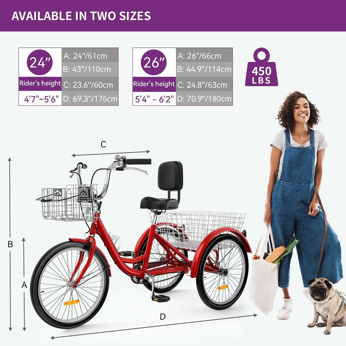 Tricycle bleu pour adulte à 3 roues avec paniers amovibles
