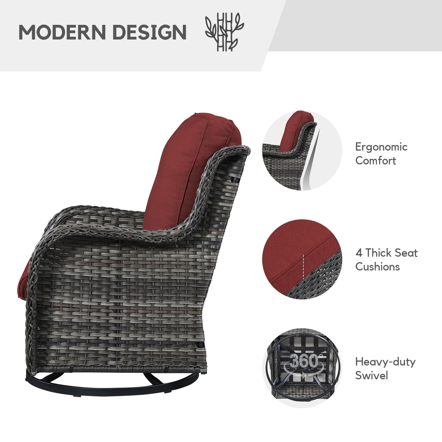 Fauteuil à bascule pivotant d'extérieur Gymojoy 3 pièces en osier avec coussin et table