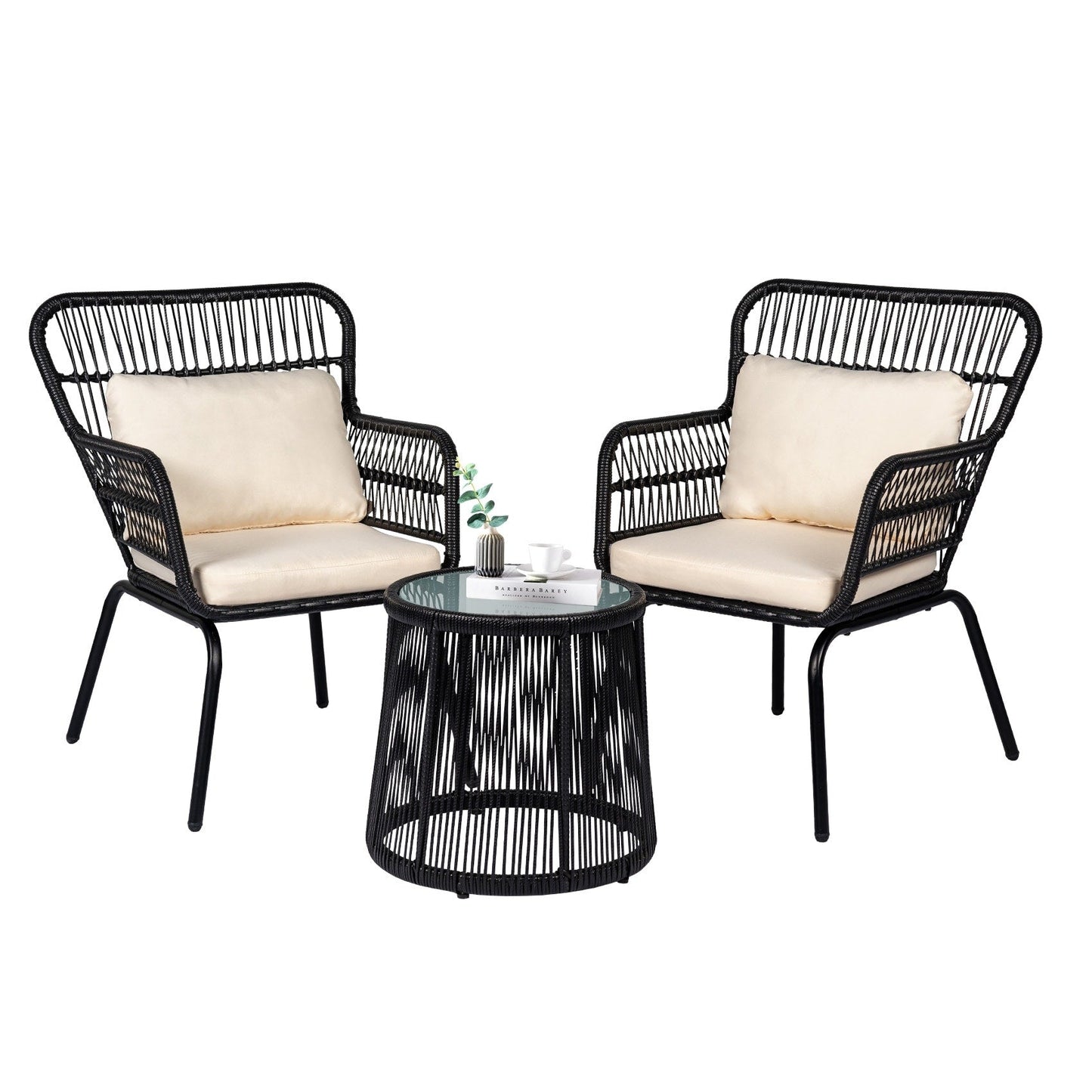 Ensemble de bistrot d'extérieur 3 pièces en osier, mobilier de jardin en rotin toutes saisons, chaises de patio avec coussins