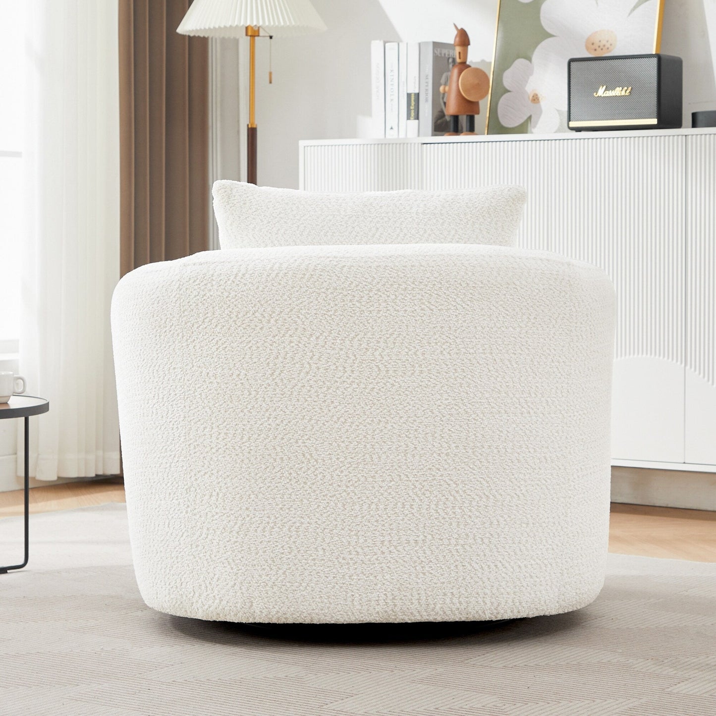 Fauteuil pivotant à 360°, fauteuil d'appoint Boucle 38,2 avec coussin décoratif, fauteuil tonneau rembourré avec accoudoirs incurvés