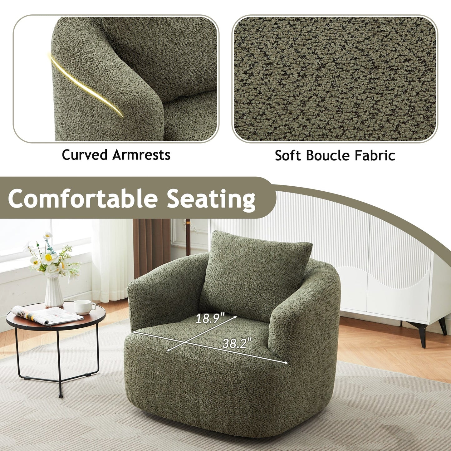 Fauteuil pivotant à 360°, fauteuil d'appoint Boucle 38,2 avec coussin décoratif, fauteuil tonneau rembourré avec accoudoirs incurvés