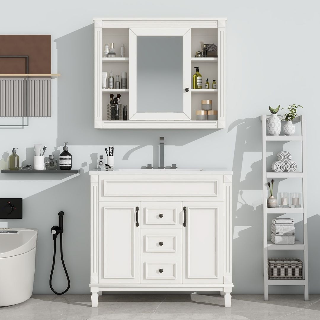 Meuble-lavabo moderne de 36 po avec lavabo supérieur et armoire à miroir, 2 portes et 2 tiroirs