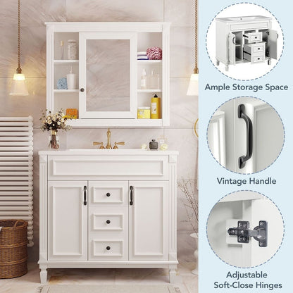 Meuble-lavabo moderne de 36 po avec lavabo supérieur et armoire à miroir, 2 portes et 2 tiroirs