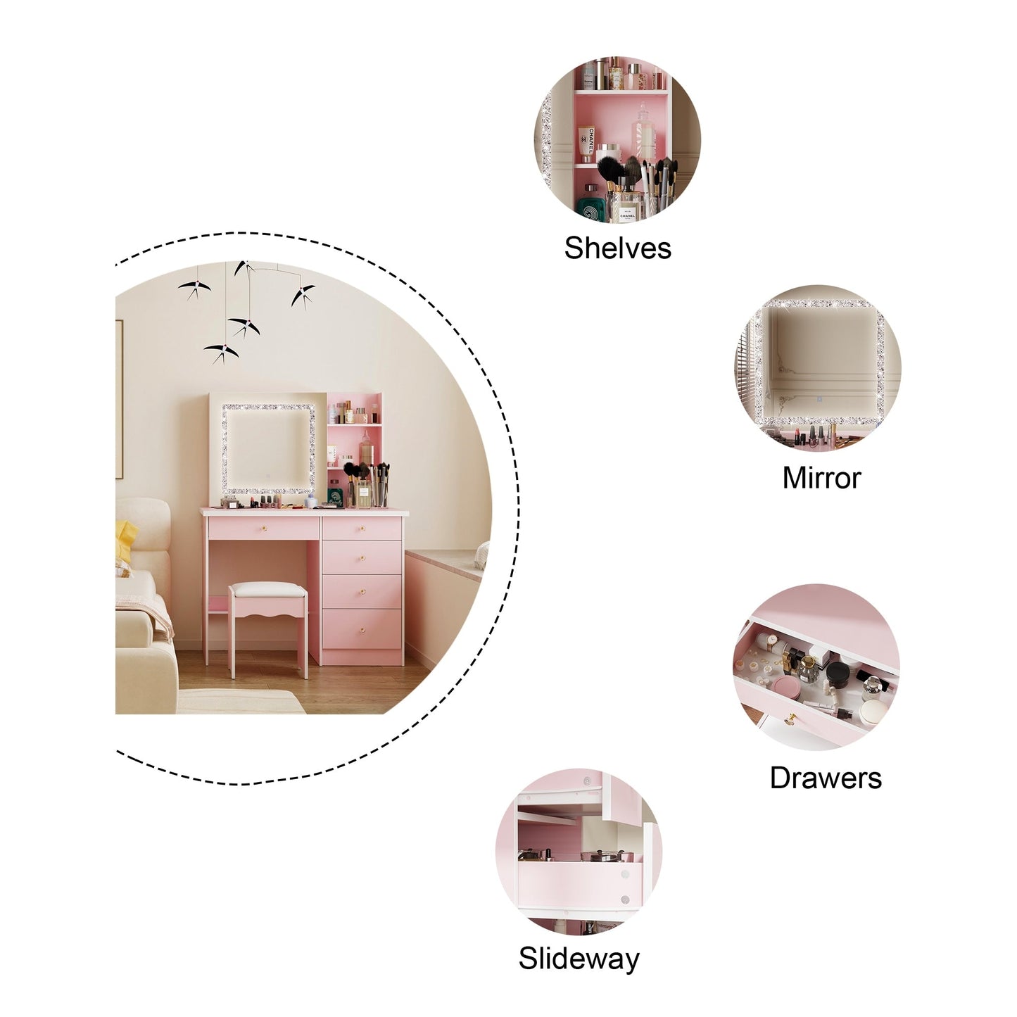 Ensemble de coiffeuse de maquillage de 39,4 po de large avec tabouret et miroir