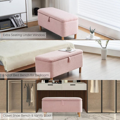 Banc ottoman de rangement en sherpa blanc cassé, repose-pieds, pour salon, chambre à coucher, pieds en bois