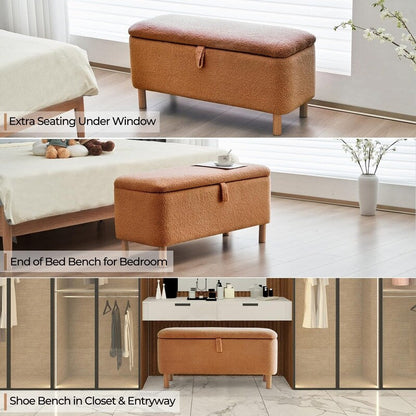 Banc ottoman de rangement en sherpa blanc cassé, repose-pieds, pour salon, chambre à coucher, pieds en bois