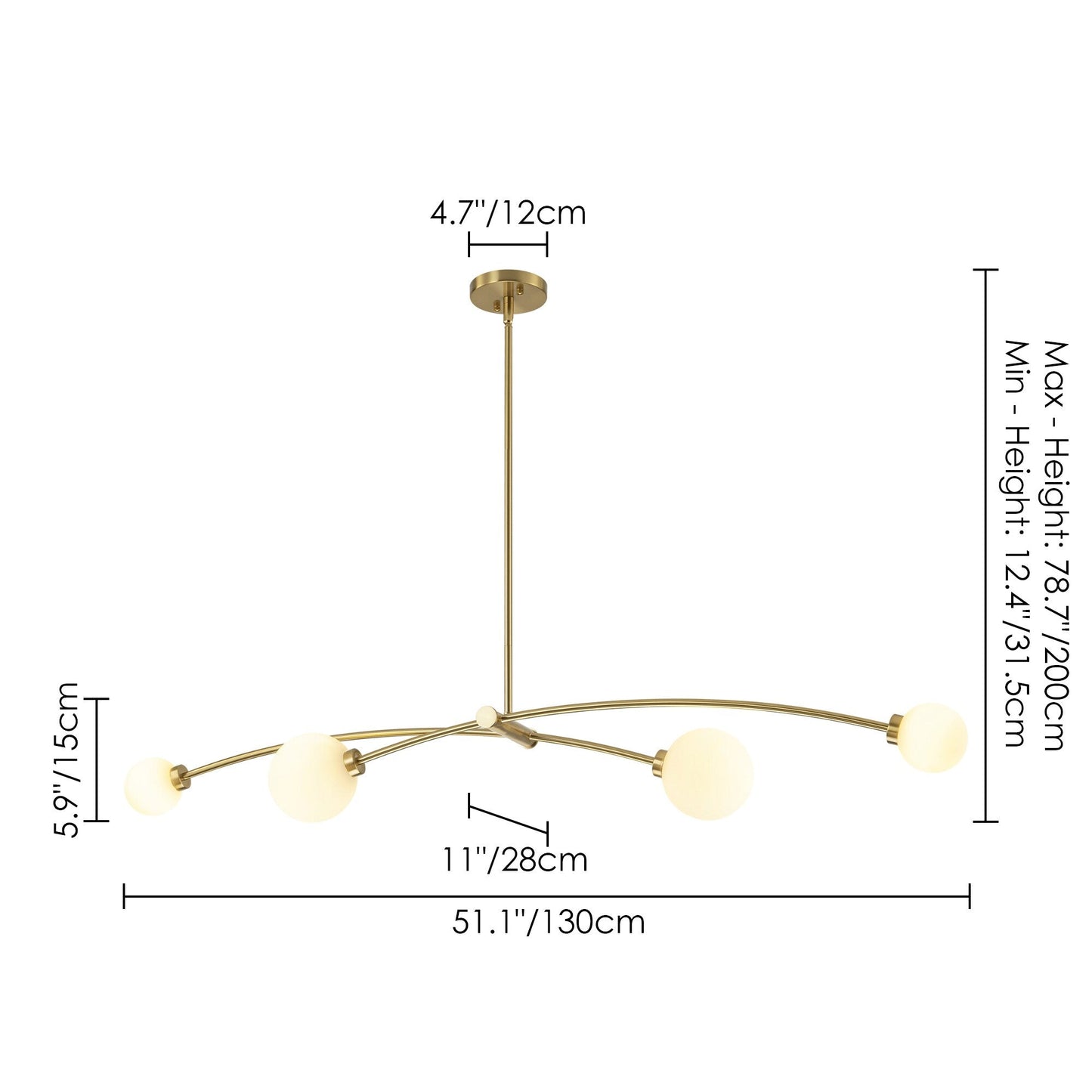 Suspension Sputnik linéaire simple et moderne à 4 lumières, couleur or, pour îlot de cuisine ou salle à manger – 130 cm (l) x 28 cm (p) x 15 cm (h).