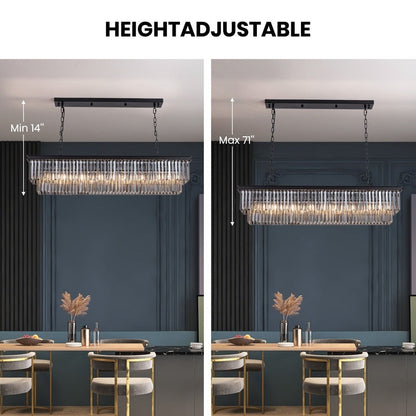 Lustre contemporain en cristal gris fumé et noir de 47 po, design linéaire à deux niveaux, luminaire suspendu pour îlot de cuisine et salle à manger.