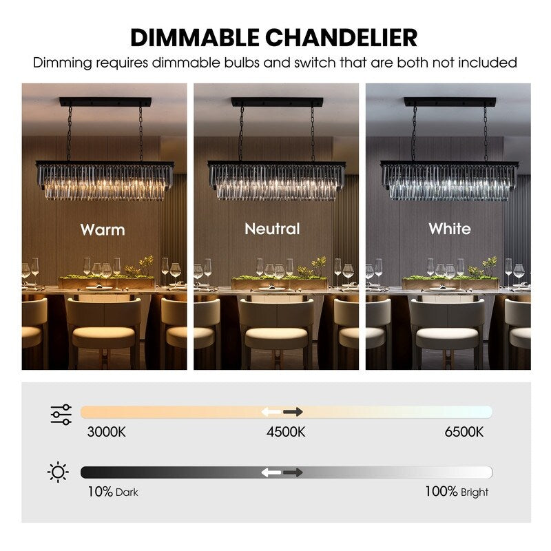 Lustre contemporain en cristal gris fumé et noir de 47 po, design linéaire à deux niveaux, luminaire suspendu pour îlot de cuisine et salle à manger.