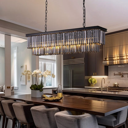 Lustre contemporain en cristal gris fumé et noir de 47 po, design linéaire à deux niveaux, luminaire suspendu pour îlot de cuisine et salle à manger.