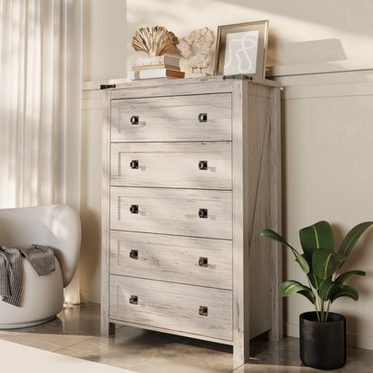 Commode haute en bois à 5 tiroirs de style ferme, commode pour chambre à coucher