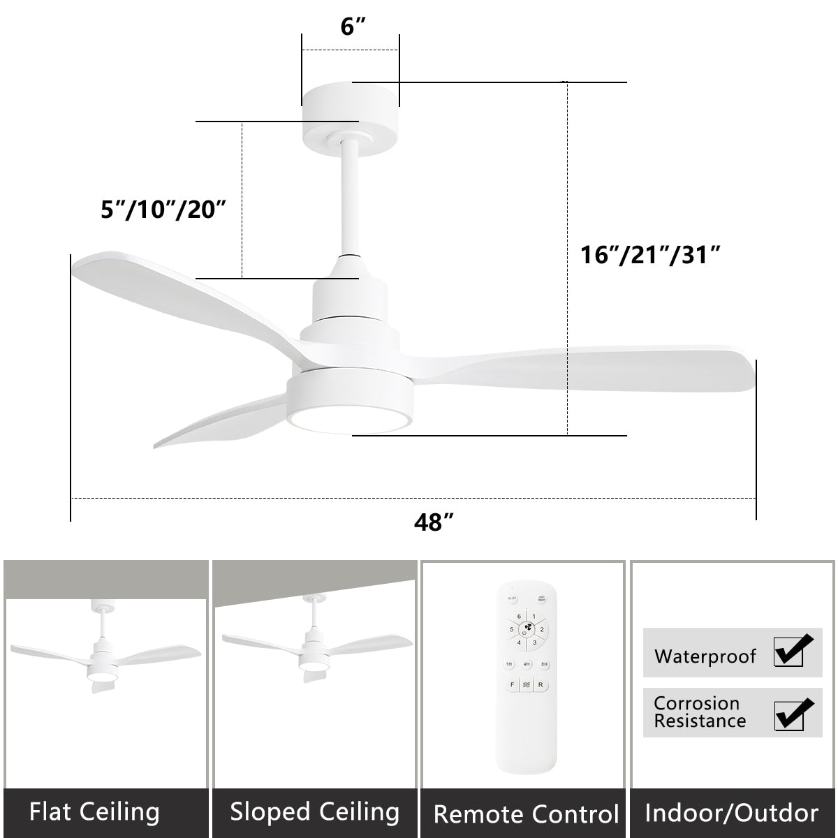 Ventilateur de plafond à LED intégré 48 et 52 pouces avec lumière et télécommande, moteur CC réversible
