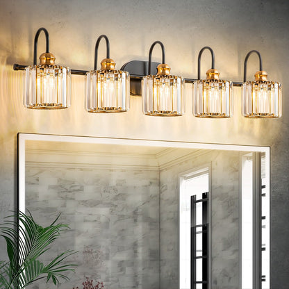 Luminaires de salle de bain en cristal à 5 ​​lumières, style glamour, linéaires et à intensité variable, avec abat-jour cylindrique en cristal