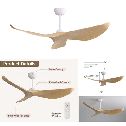 Ventilateur de plafond moderne en bois massif/ABS de 52 pouces avec télécommande (sans lumière), 6 vitesses de vent, flux d'air réversible