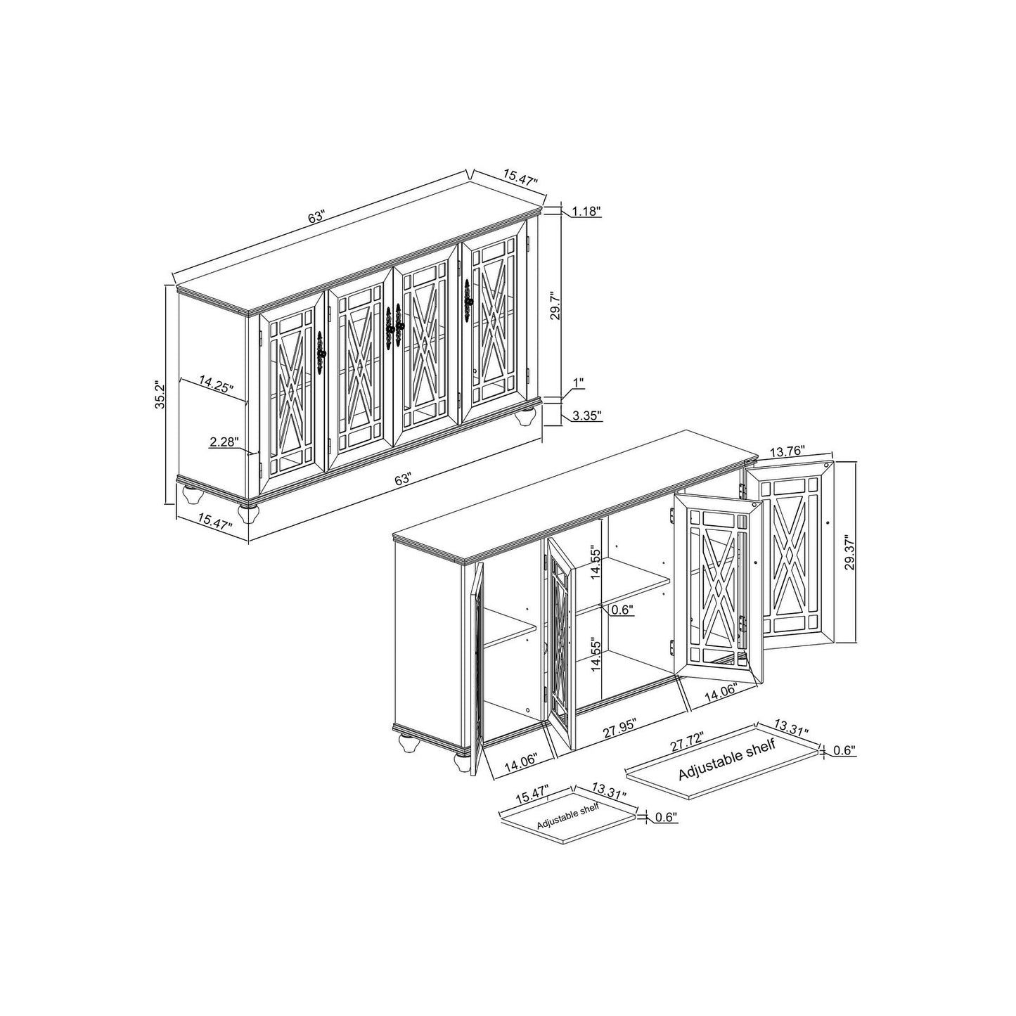 Buffet d'appoint de cuisine en bois de style vintage de 63 po de largeur