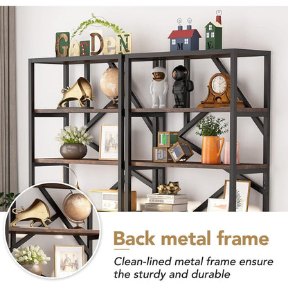 Bibliothèque industrielle à 6 niveaux en bois brun rustique, étagères ouvertes