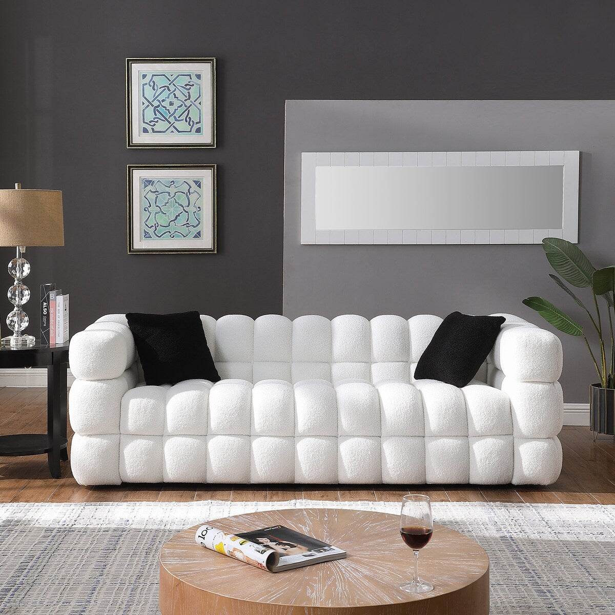 84.3 Luxueux grand canapé Boucle 3 places rembourré Marshmallow avec 2 coussins décoratifs carrés et accoudoir carré