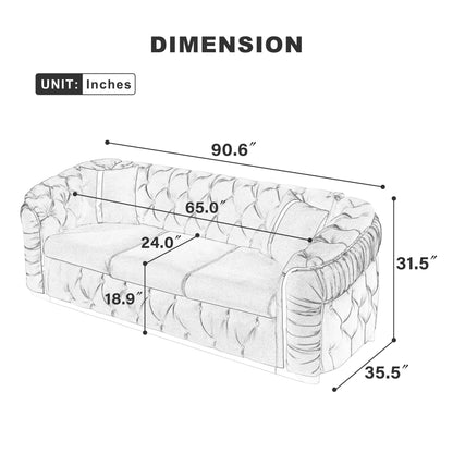 Canapé 3 places en velours 90,6 avec 2 coussins haute densité, touches dorées et coussins