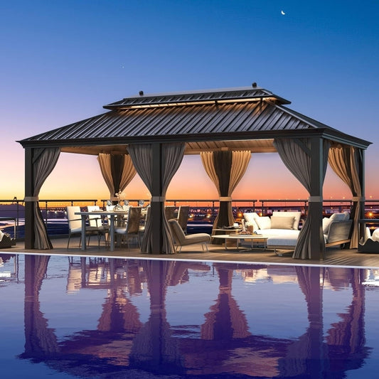 Tonnelle à toit rigide Erommy avec cadre en aluminium et double toit, tonnelle extérieure permanente avec rideaux et filets pour patio et arrière-cour