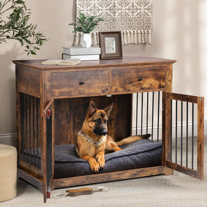 Cage pour chien Bossin de 111 cm de large, table d'appoint en bois avec tiroirs de rangement, niche décorative pour animaux de compagnie.