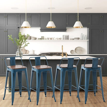 Lot de 4 tabourets de bar industriels en métal avec dossier et assise en bois