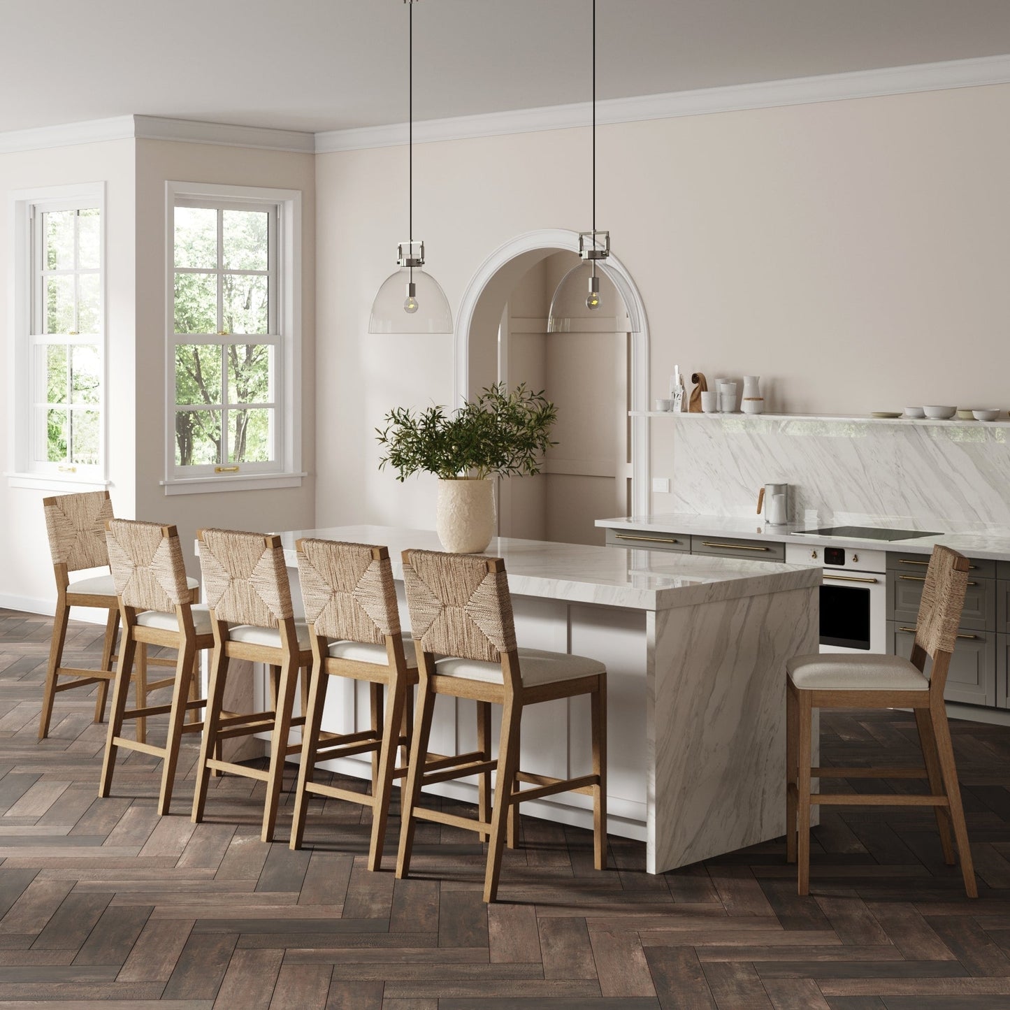 Tabouret de bar Beacon Bohemian Boucle, chaise de comptoir rembourrée avec cadre en bois massif et dossier en jonc de mer tressé