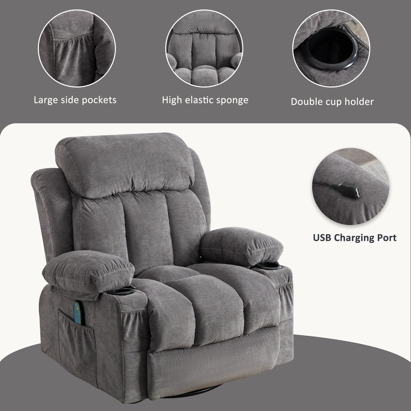 Fauteuil inclinable pivotant beige avec massage, chauffage et chargement USB