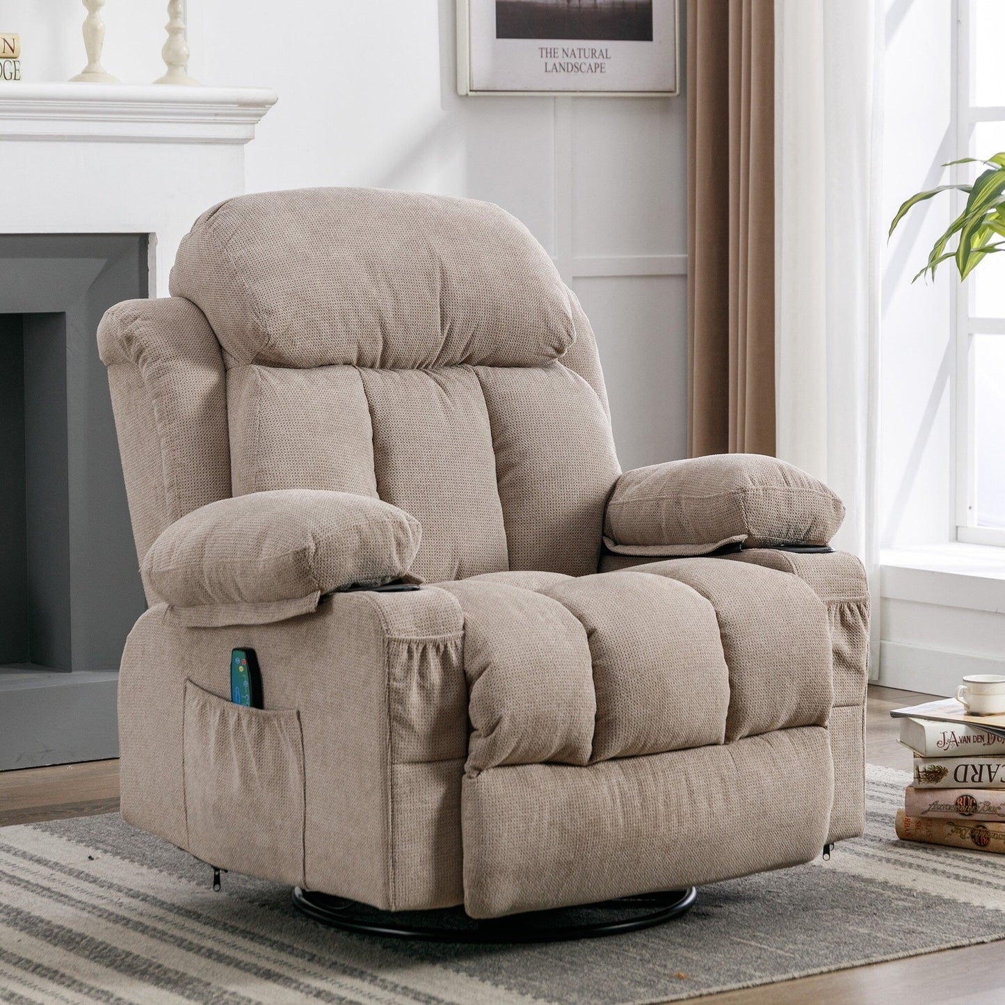 Fauteuil inclinable pivotant beige avec massage, chauffage et chargement USB