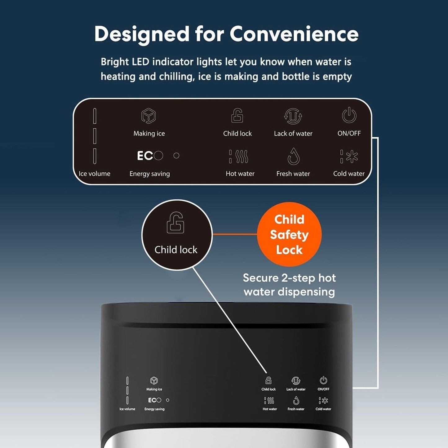 Distributeurs d'eau chaude et froide 3 en 1 noirs avec machine à glaçons