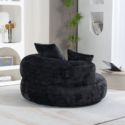 Pouf simple surdimensionné en chenille noir de 42,52 pouces avec trois oreillers pour chambre à coucher
