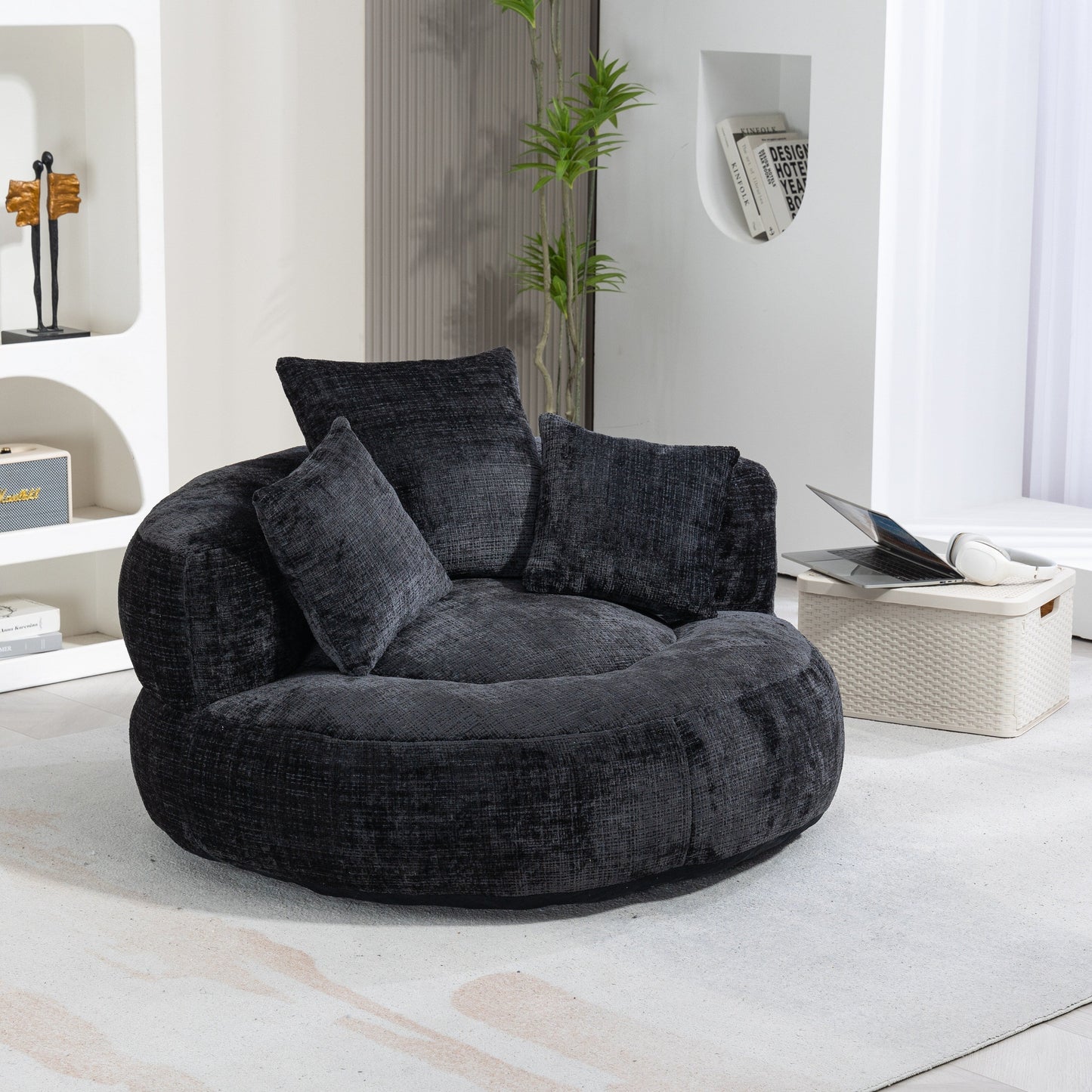 Pouf simple surdimensionné en chenille noir de 42,52 pouces avec trois oreillers pour chambre à coucher
