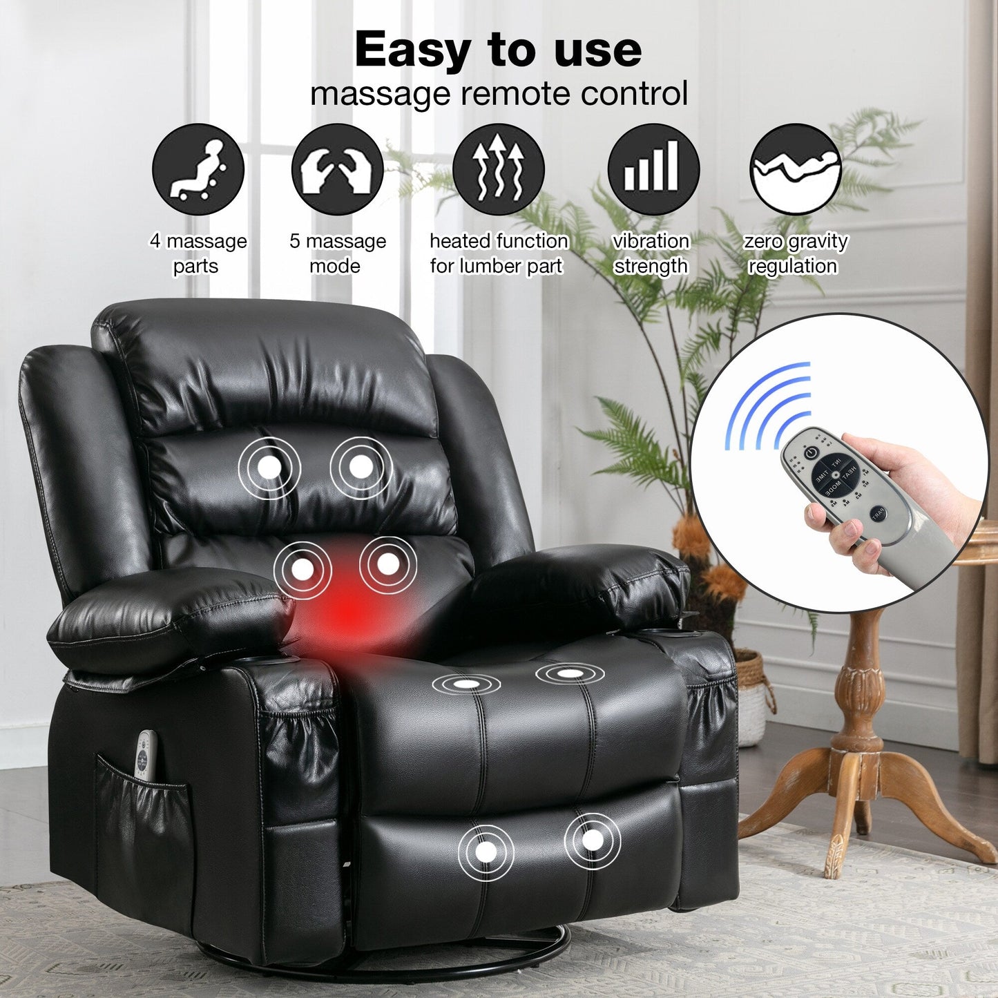 Fauteuil inclinable pivotant noir avec chauffage, massage et ports USB