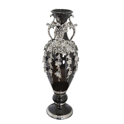 Superbe vase orné de bijoux en forme de fleuron noir et argent de 35 pouces de hauteur