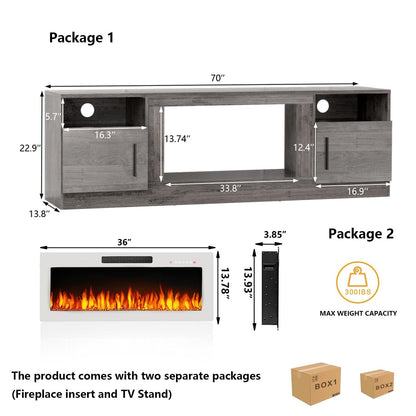 Meuble TV Bossin 70 avec cheminée électrique de 36 pouces, meuble TV pour téléviseurs jusqu'à 80 pouces, éclairage LED 16 couleurs/centre de divertissement