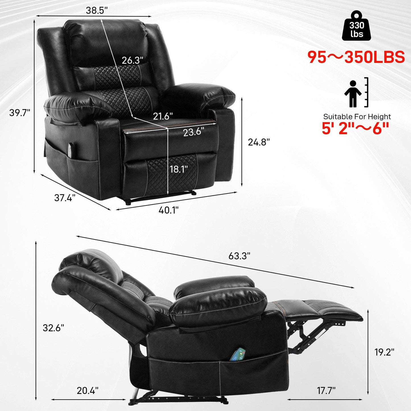 Fauteuil inclinable manuel marron avec massage à 8 points, fonction chauffante et cadre robuste pour un confort optimal au salon