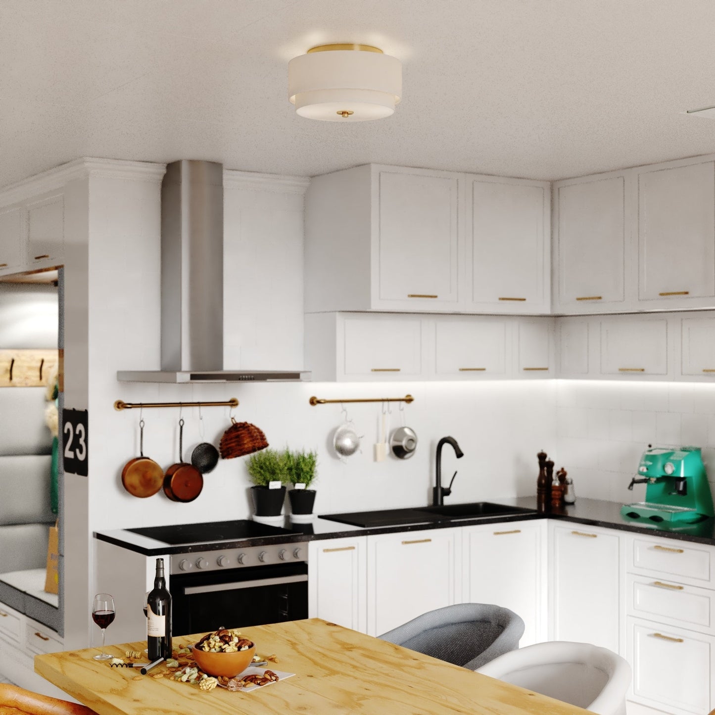 Plafonnier moderne du milieu du siècle de Burnaby avec abat-jour tambour en lin blanc