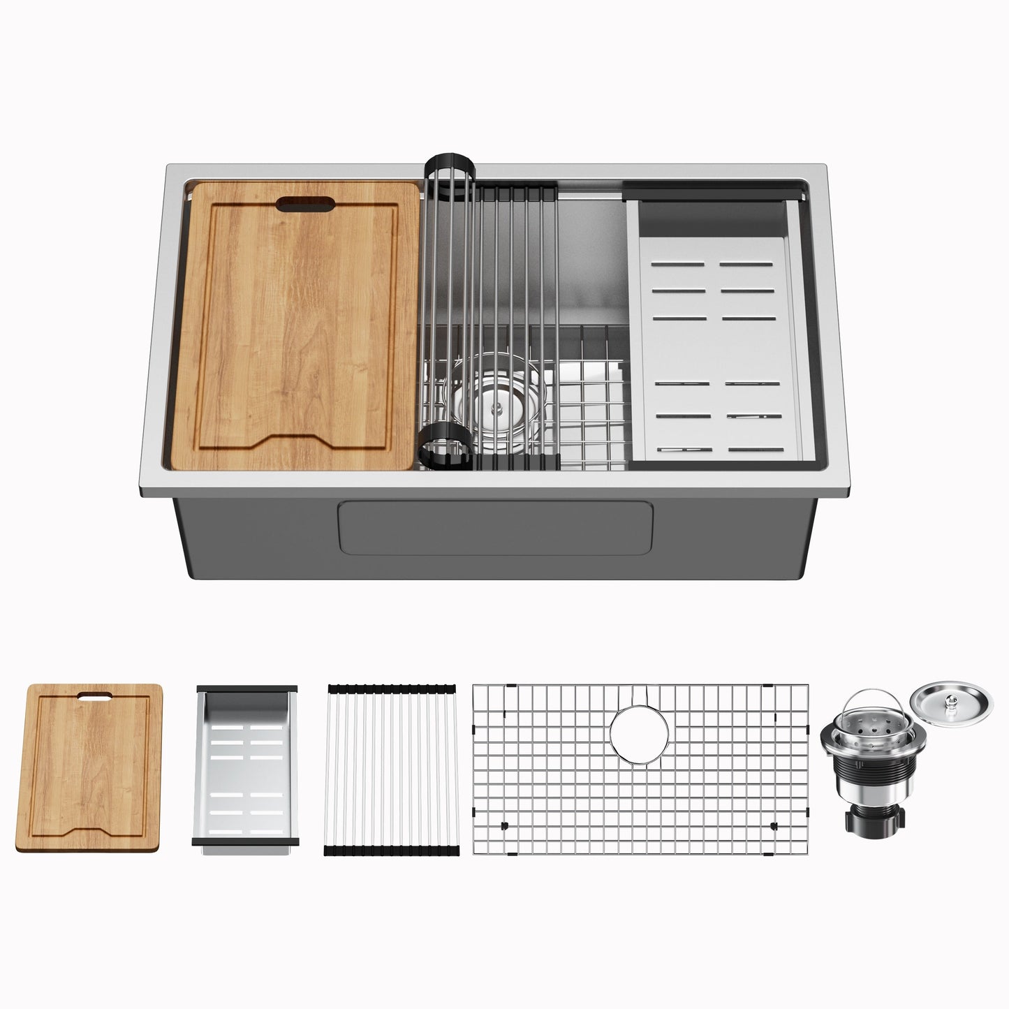 Évier de cuisine sous plan CB HOME 32 po, encastrable, noir/acier inoxydable, cuve simple avec accessoires