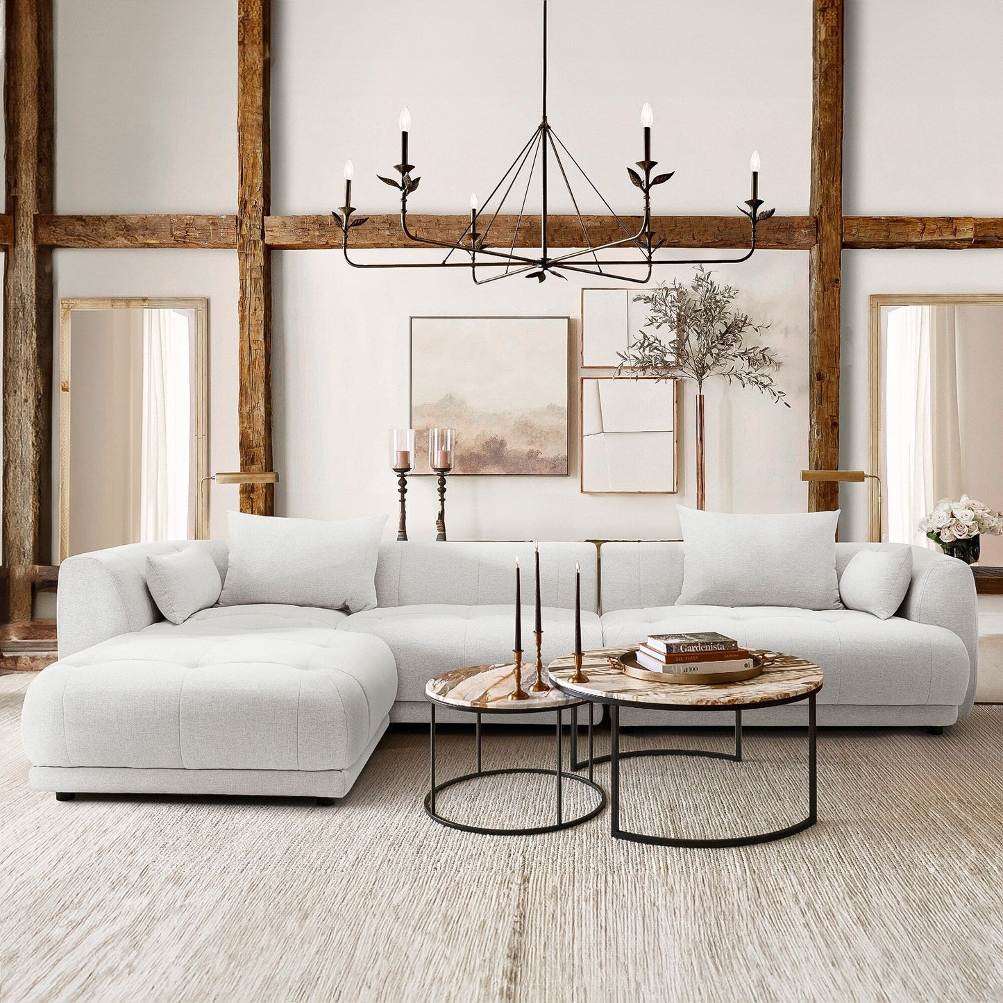 Canapé modulaire Cloud 144 avec pouf - Canapé de salon en tissu chenille moelleux